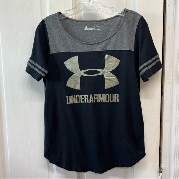Under Armour heatgear loose fit t shirt black grey gold women's small - Picture 1 of 5